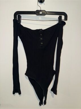 Off-the-Shoulder Ribbed Button-Front Black Bodysuit